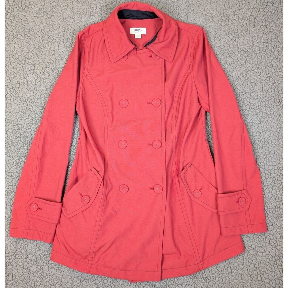 Ann Taylor Trench Coat Womens 2 Red Button Long Sleeve Cotton Belted